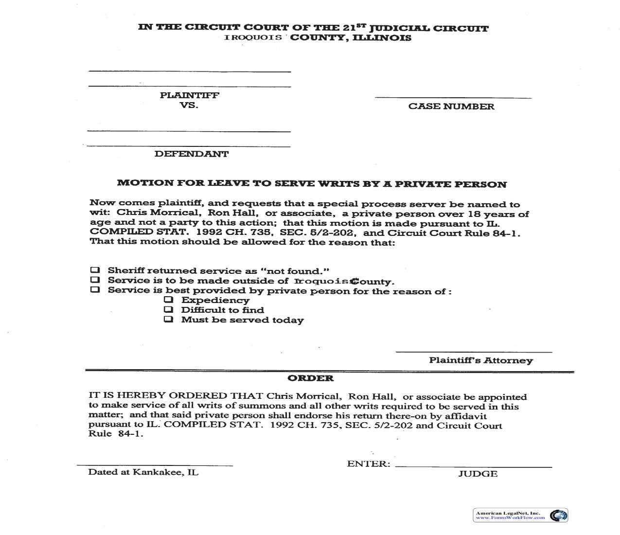 Motion For Leave To Serve Writs By Private Person | Pdf Fpdf Doc Docx | Illinois