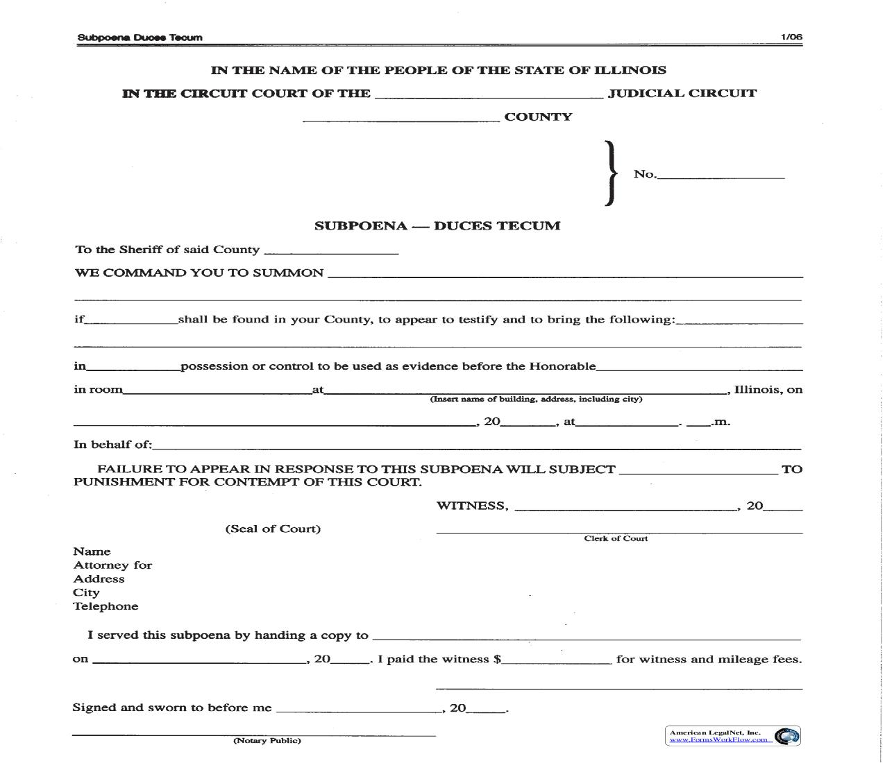 Subpoena - Duces Tecum | Pdf Fpdf Doc Docx | Illinois