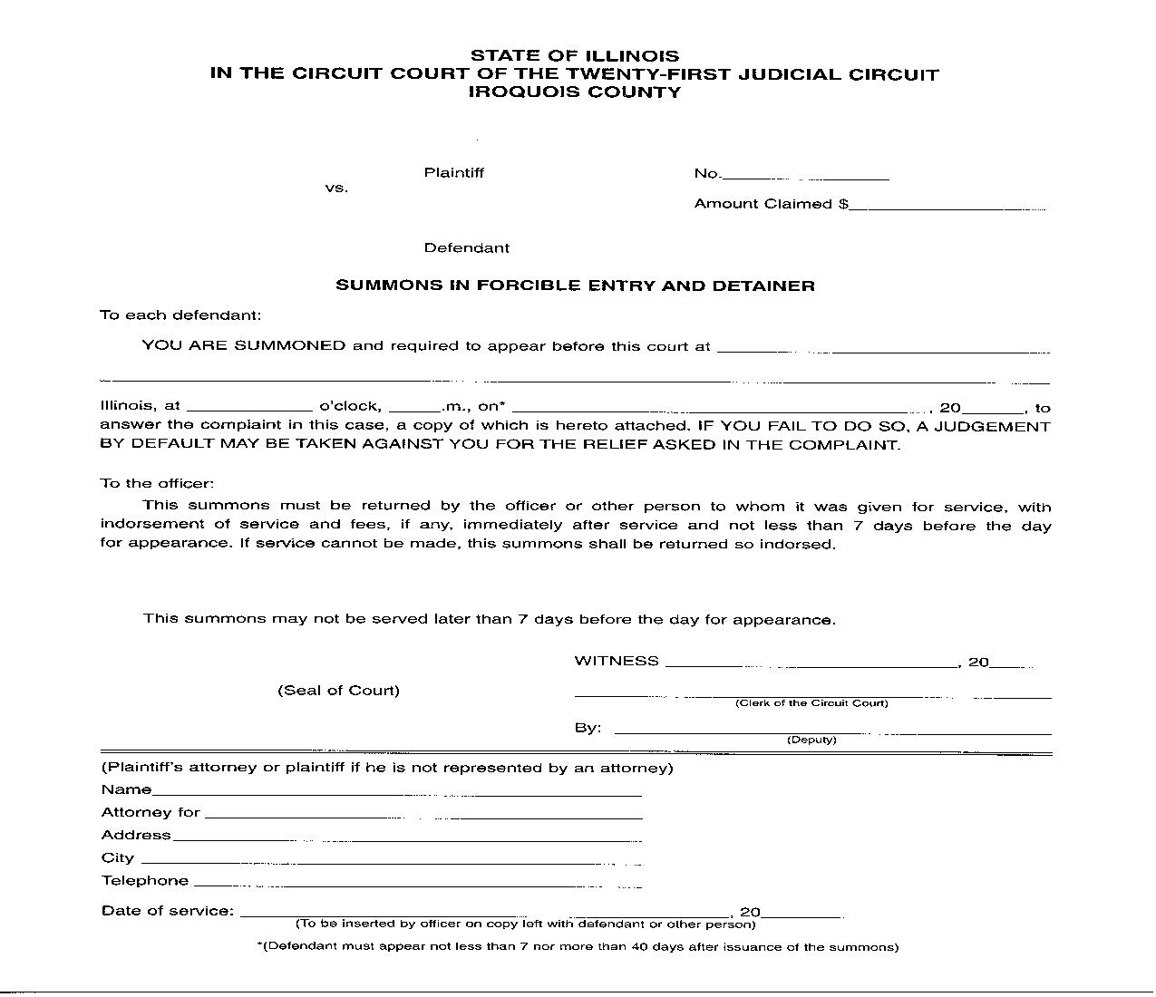 Summons In Forcible Entry And Detainer | Pdf Fpdf Doc Docx | Illinois