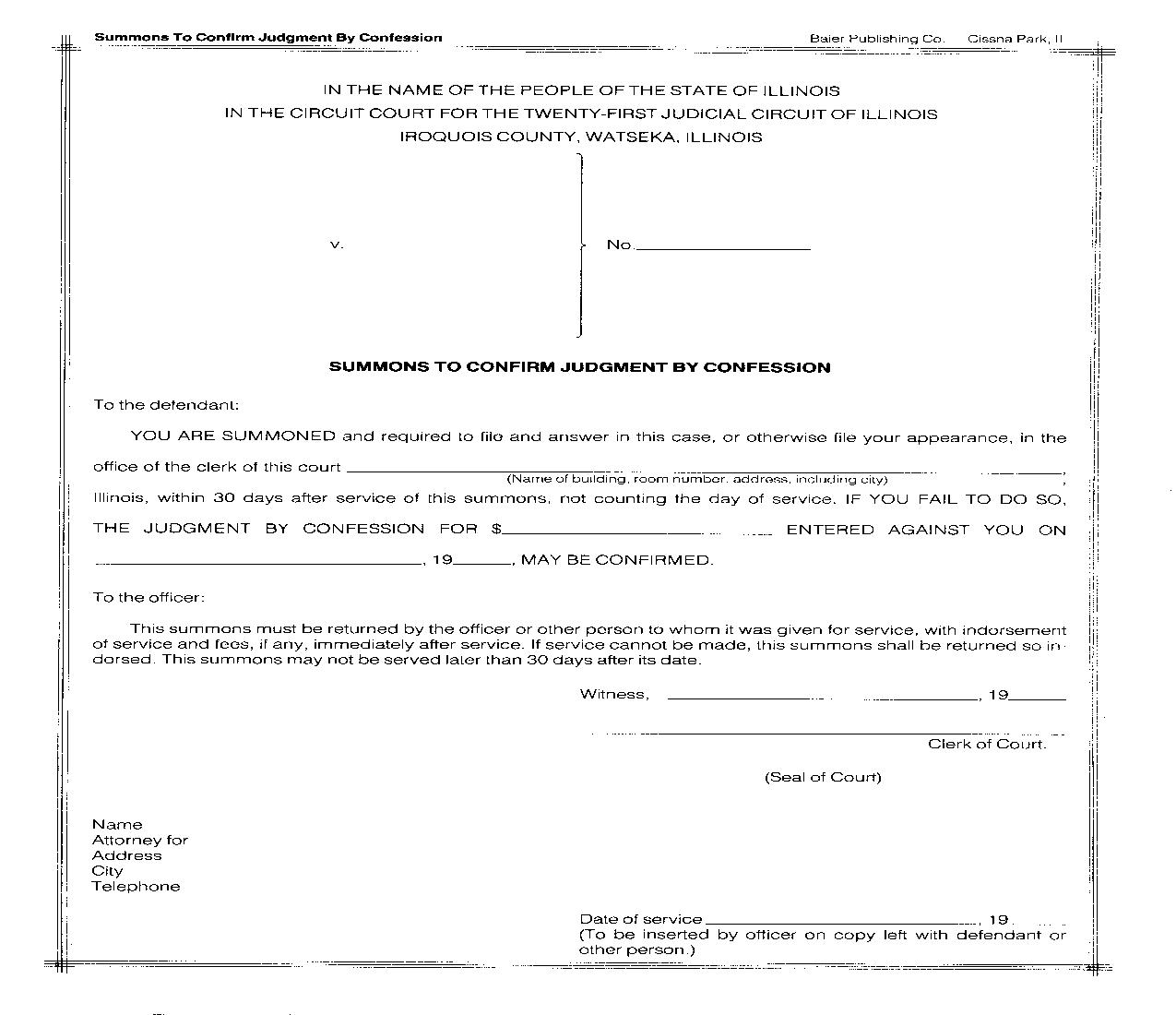 Summons To Confirm Judgment By Confession | Pdf Fpdf Doc Docx | Illinois