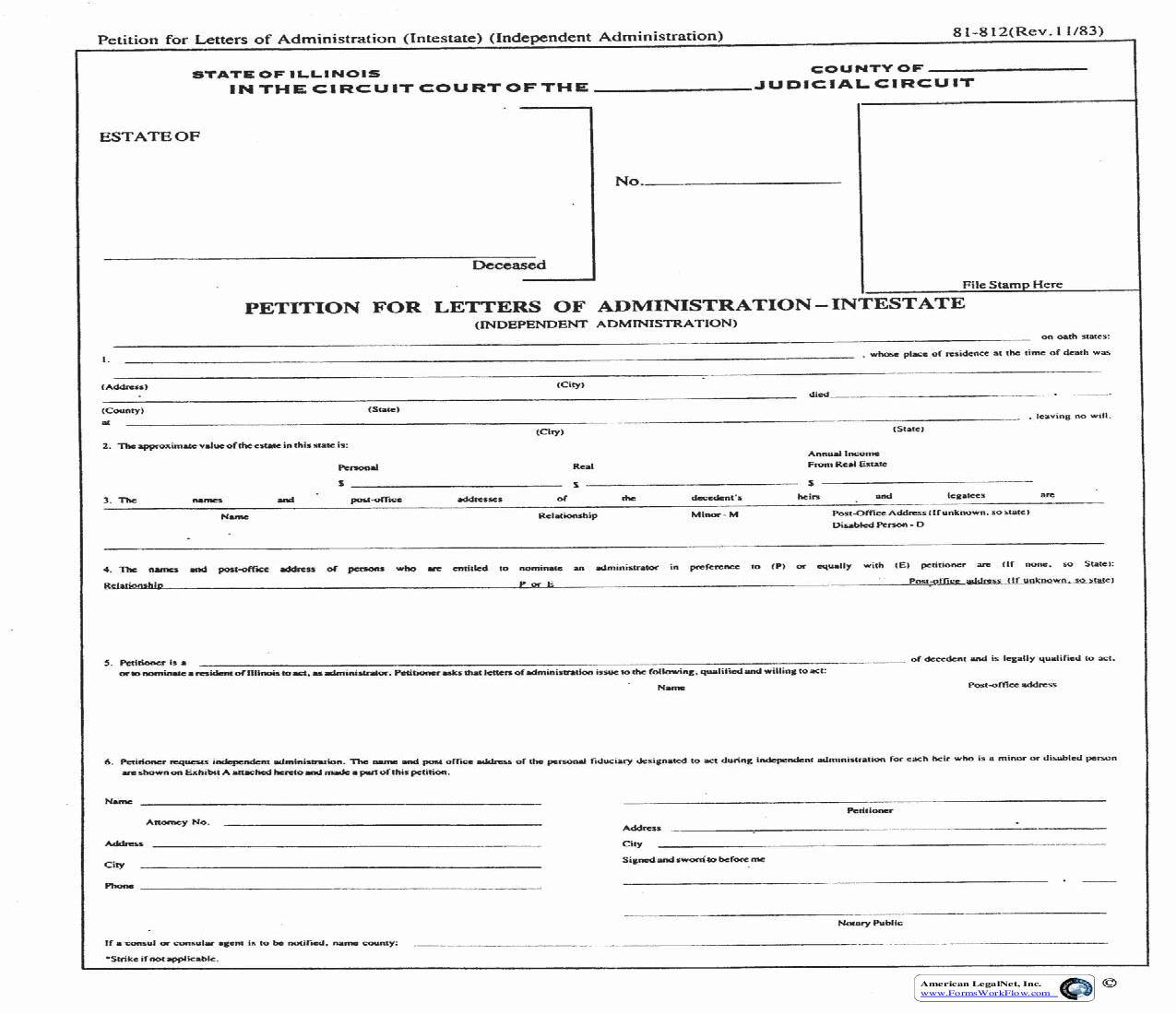 Petition For Letters Of Administration - Intestate (Independent Administration) | Pdf Fpdf Doc Docx | Illinois