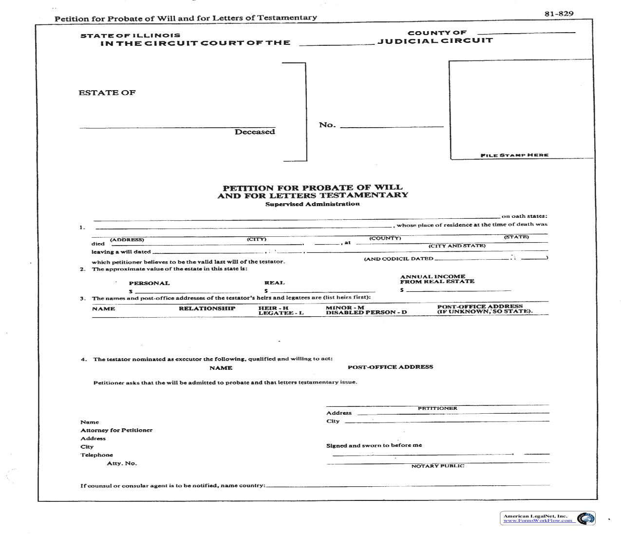 Petition For Probate Of Will And For Letters Testamentary Supervised Administration | Pdf Fpdf Doc Docx | Illinois