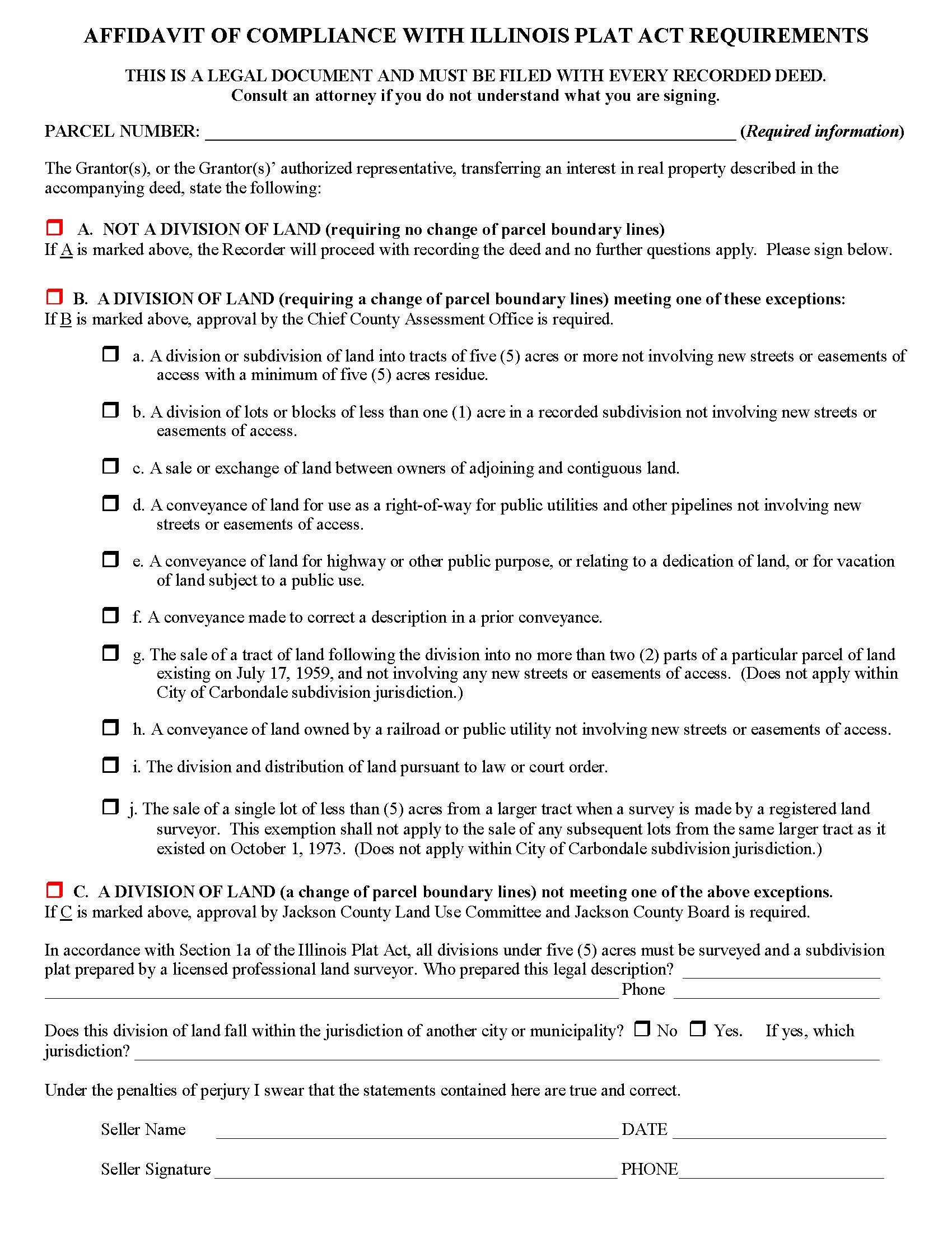 Affidavit Of Compliance With Illinois Plat Act Requirements | Pdf Fpdf Doc Docx | Illinois