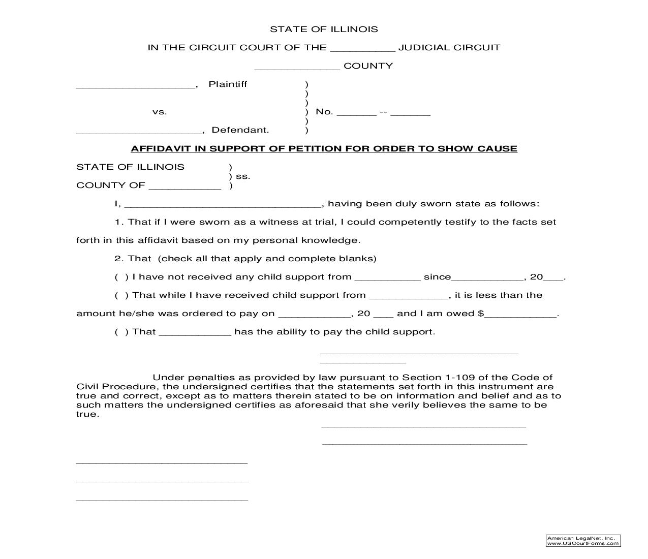 Affidavit In Support Of Petition For Order To Show Cause Child Support) |  | Illinois