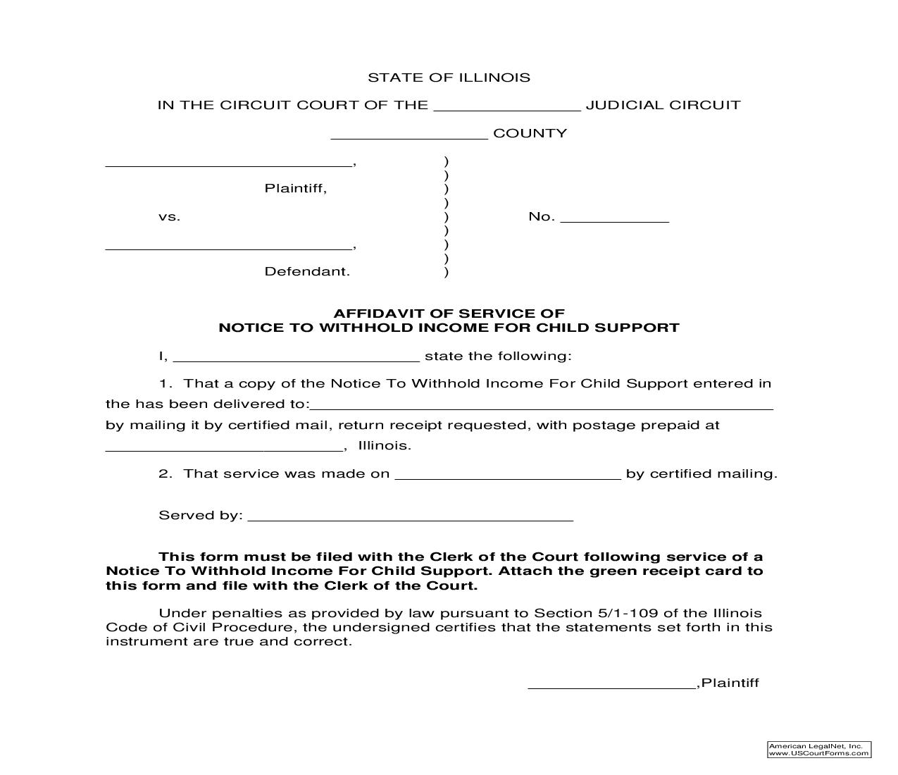 Affidavit Of Service Of Notice To Withhold Income For Child Support |  | Illinois