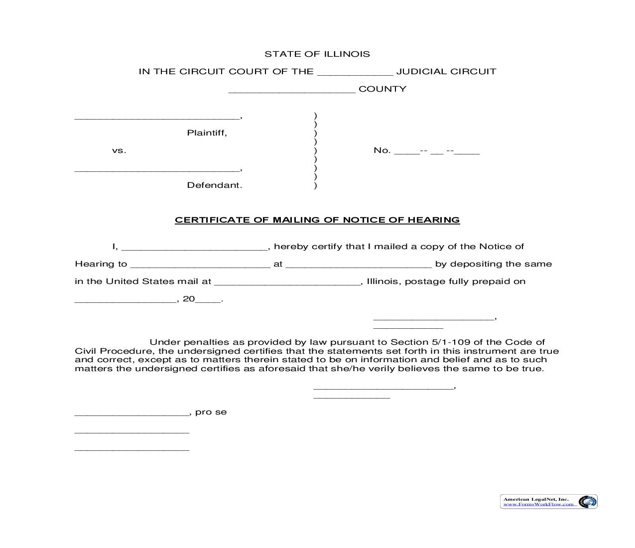 Certificate Of Mailing Of Notice Of Hearing |  | Illinois