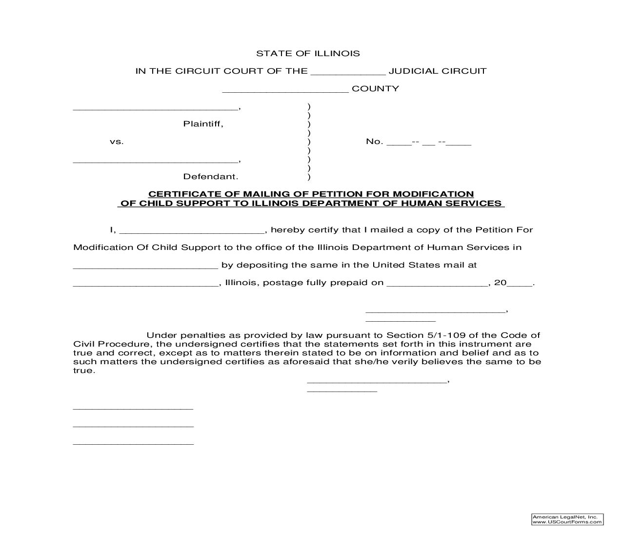 Certificate Of Mailing Of Petition For Modification Of Child Support To Illinois Department Of Human Services |  | Illinois