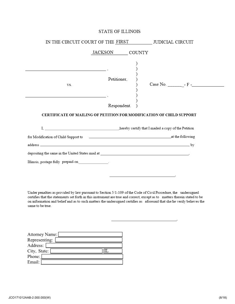Certificate Of Mailing Of Petition For Modification Of Child Support |  | Illinois