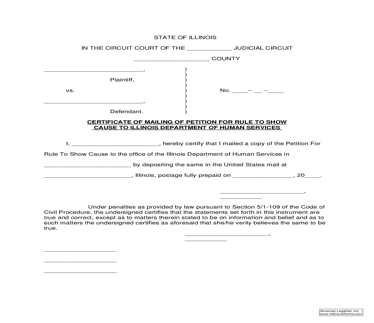 Certificate Of Mailing Of Petition For Rule To Show Cause To Illinois Department Of Human Services |  | Illinois