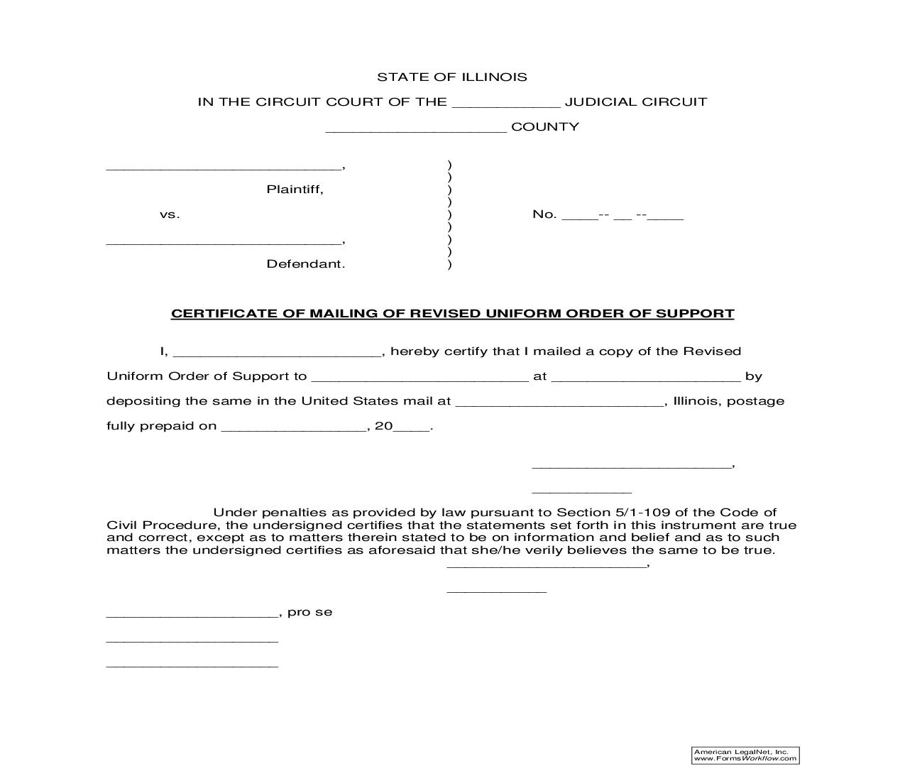 Certificate Of Mailing Of Revised Uniform Order Of Support |  | Illinois