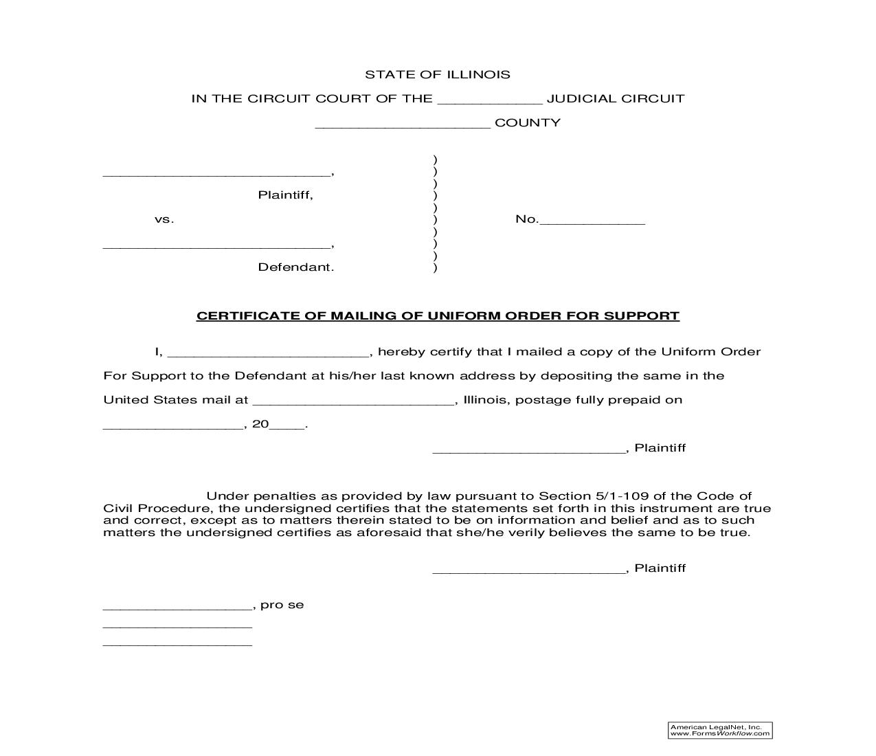 Certificate Of Mailing Of Uniform Order For Support |  | Illinois