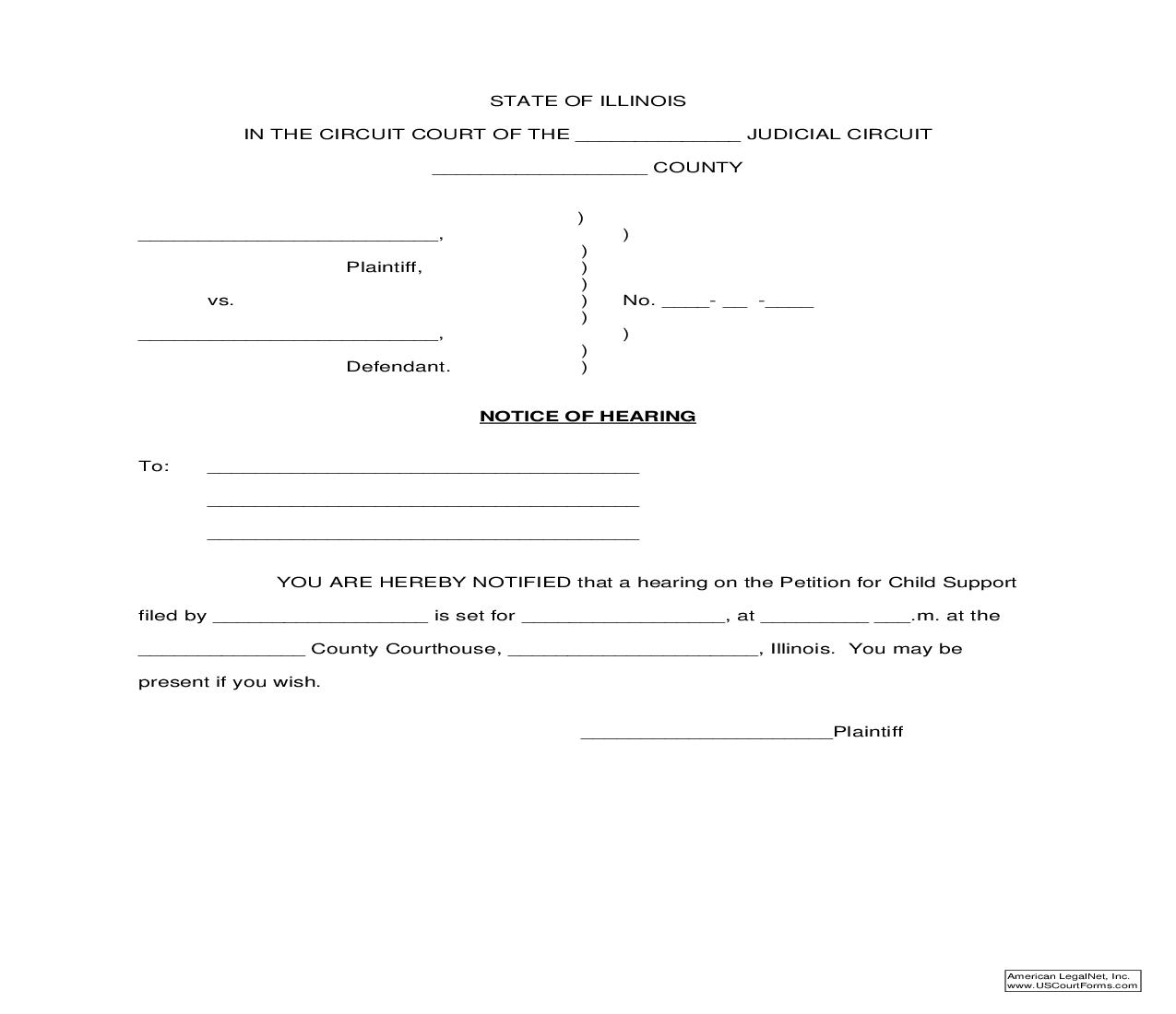 Notice Of Hearing (Petition For Child Support) |  | Illinois