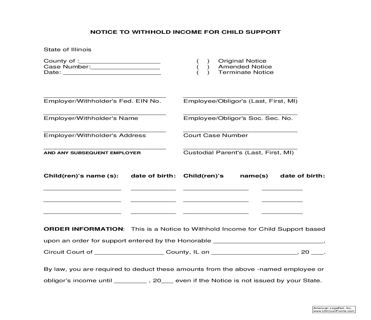 Notice To Withhold Income For Child Support |  | Illinois