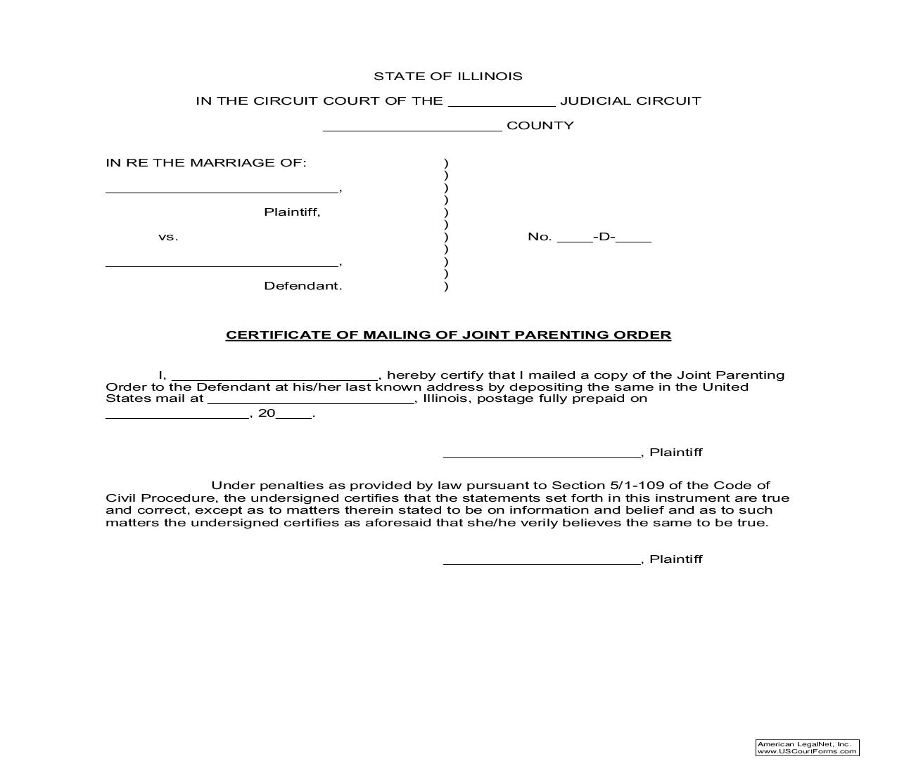 Certificate Of Mailing Of Joint Parenting Order |  | Illinois