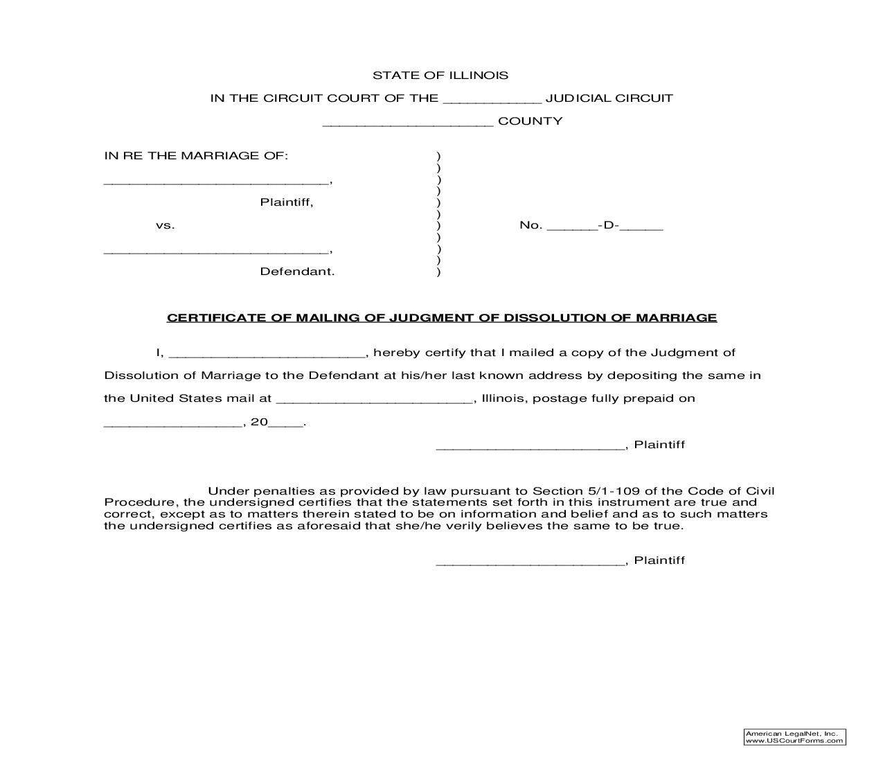 Certificate Of Mailing Of Judgment Of Dissolution Of Marriage |  | Illinois