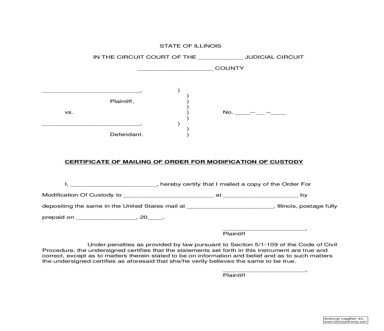 Certificate Of Mailing Of Order For Modification Of Custody |  | Illinois