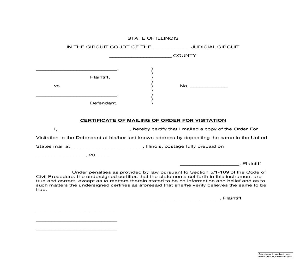Certificate Of Mailing Of Order For Visitation |  | Illinois