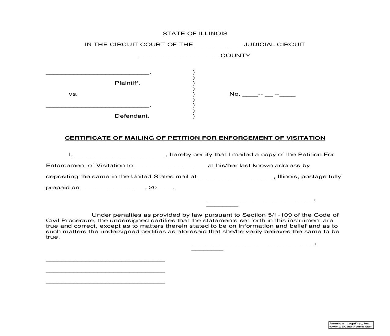 Certificate Of Mailing Of Petition For Enforcement Of Visitation |  | Illinois
