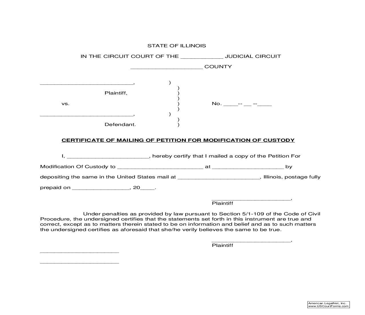 Certificate Of Mailing Of Petition For Modification Of Custody |  | Illinois