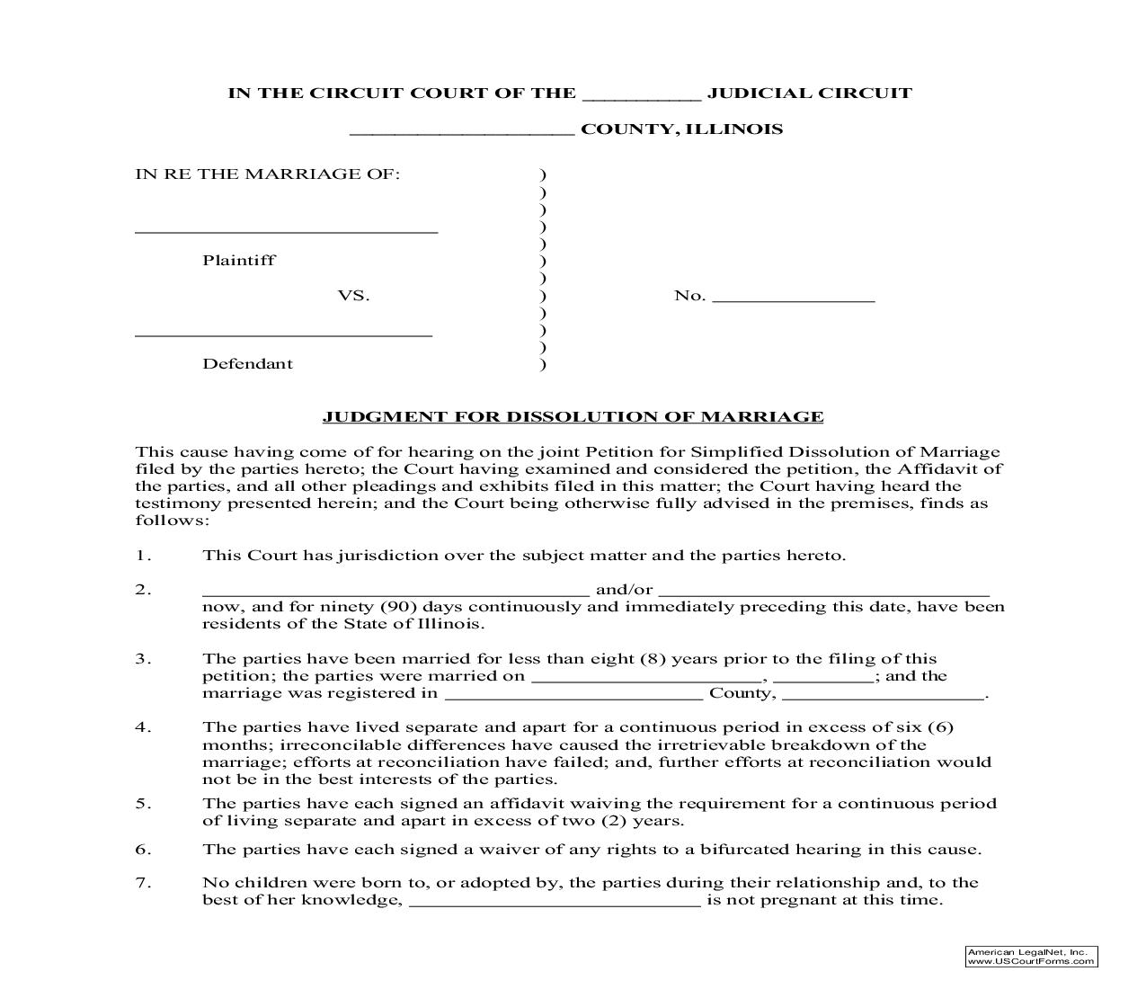 Judgment For Dissolution Of Marriage (Simplified) |  | Illinois