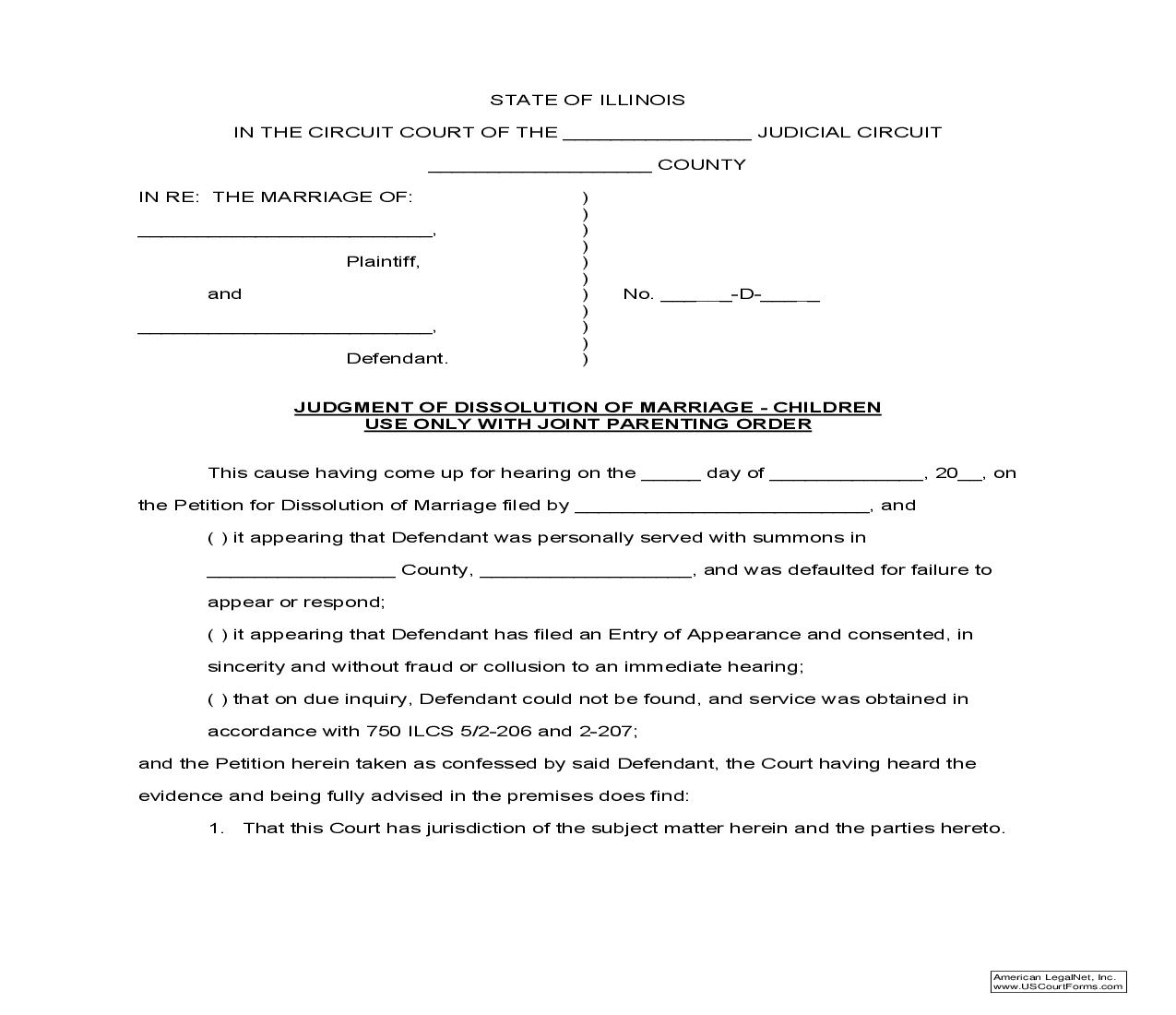 Judgment Of Dissolution Of Marriage-Children (Joint Parenting ) |  | Illinois