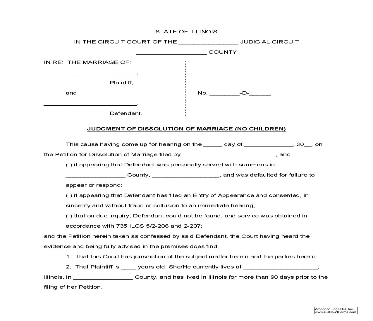 Judgment Of Dissolution Of Marriage-No Children |  | Illinois
