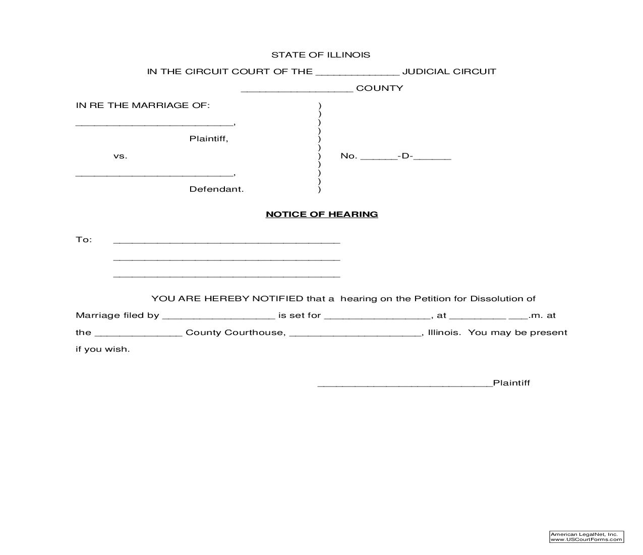 Notice Of Hearing (Petition Of Dissolution Of Marriage) |  | Illinois