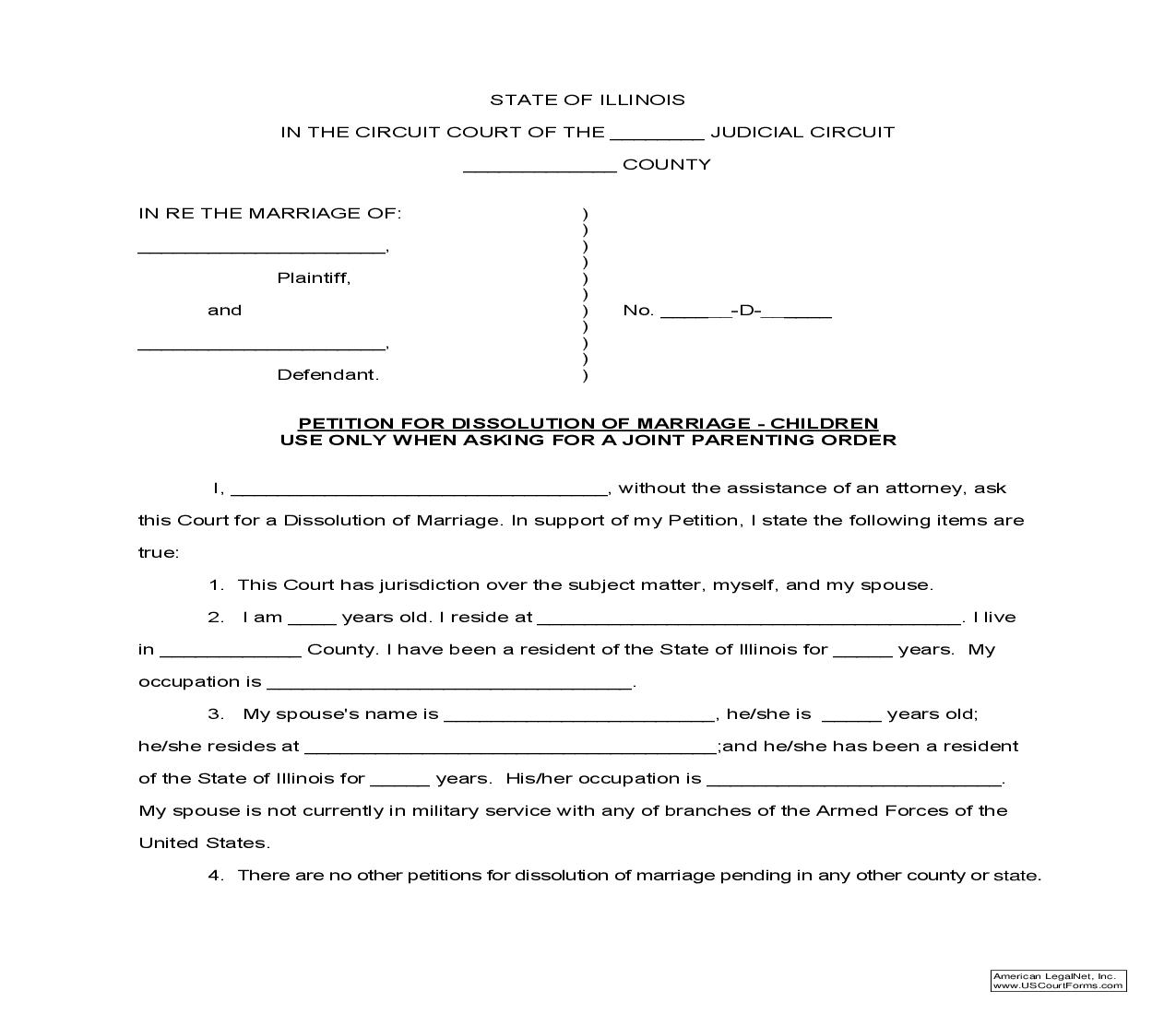 Petition For Dissolution Of Marriage-Joint Parenting (Pro Se) |  | Illinois