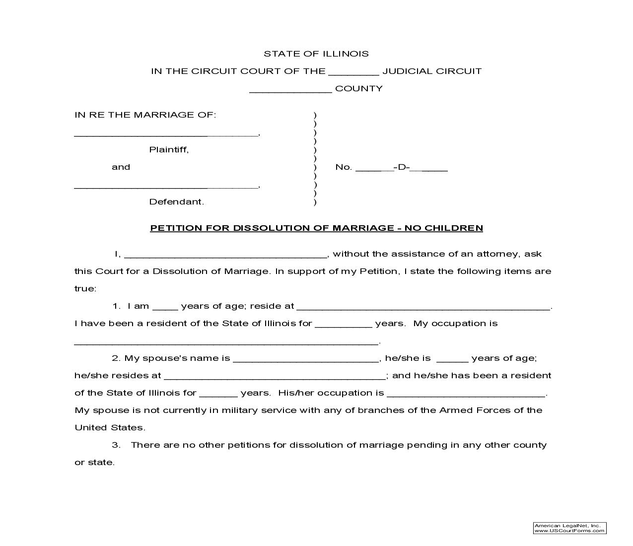 Petition For Dissolution Of Marriage-No Children (Pro Se) |  | Illinois
