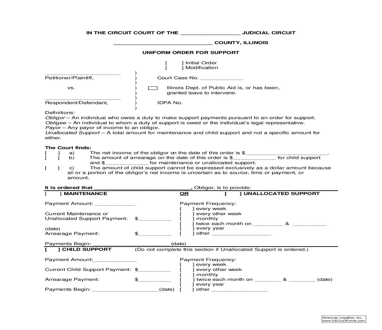 Uniform Order For Support |  | Illinois