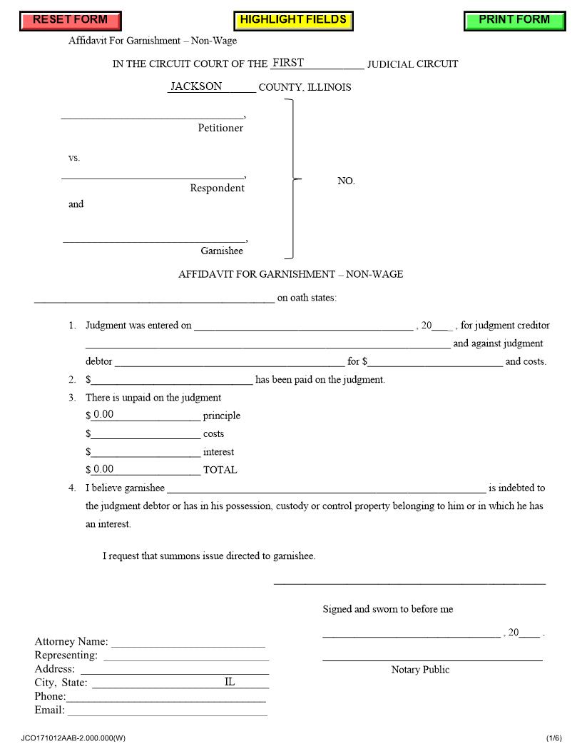 Affidavit For Garnishment - Non-Wage | Pdf Fpdf Docx | Illinois