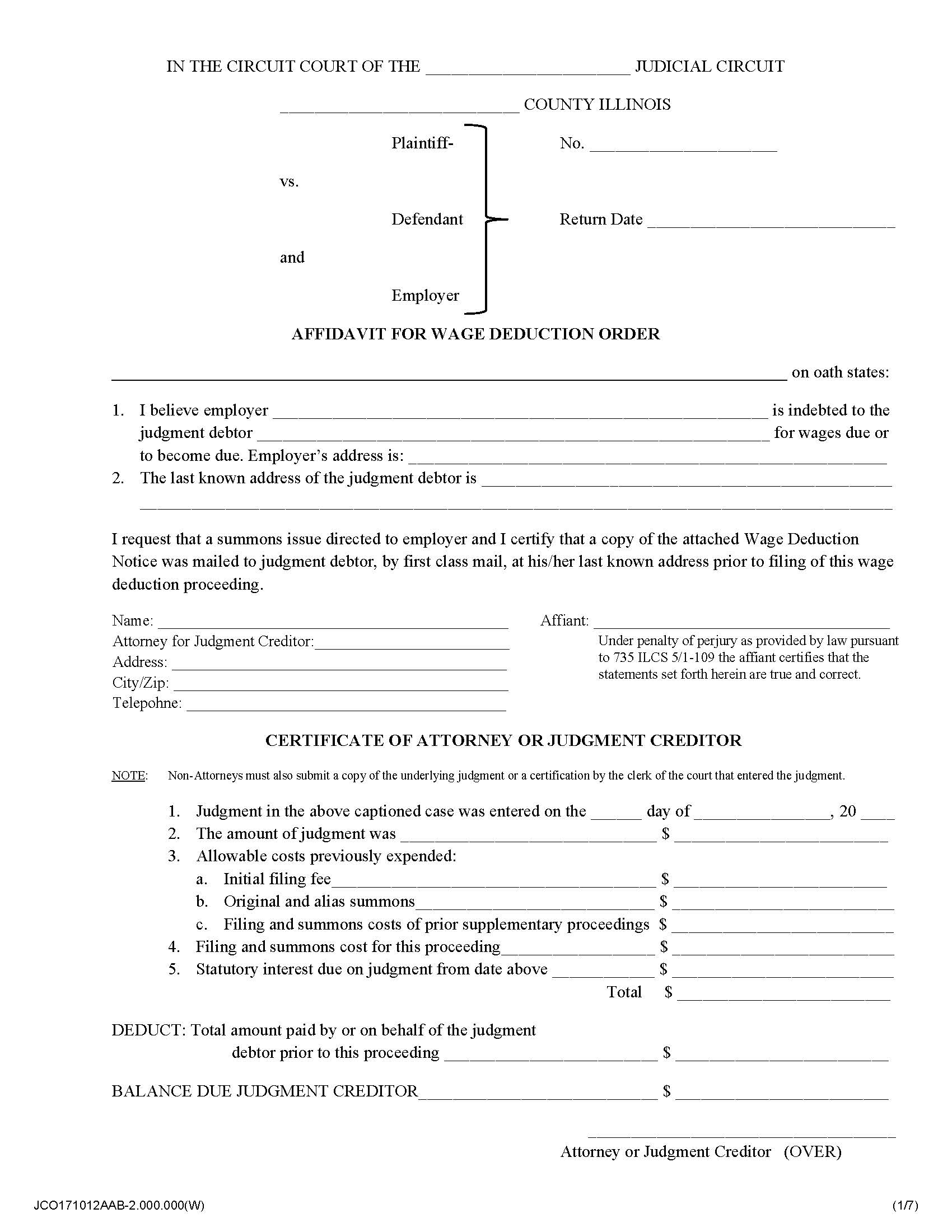 Affidavit For Wage Deduction Order | Pdf Fpdf Docx | Illinois