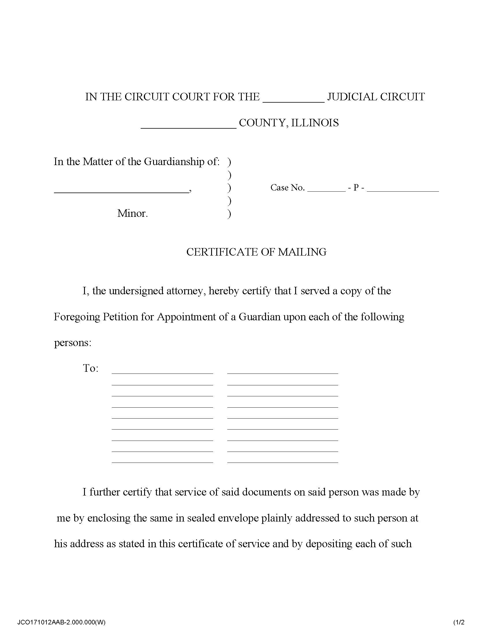 Certificate Of Mailing (Minor Guardian Petition) | Pdf Fpdf Docx | Illinois