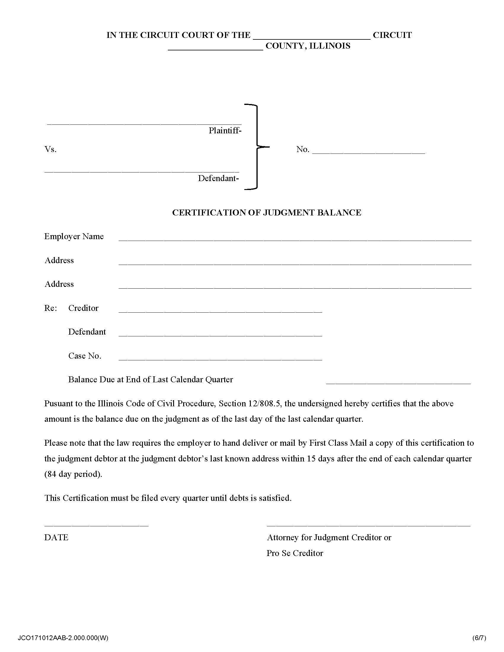 Certification Of Judgment Balance | Pdf Fpdf Docx | Illinois
