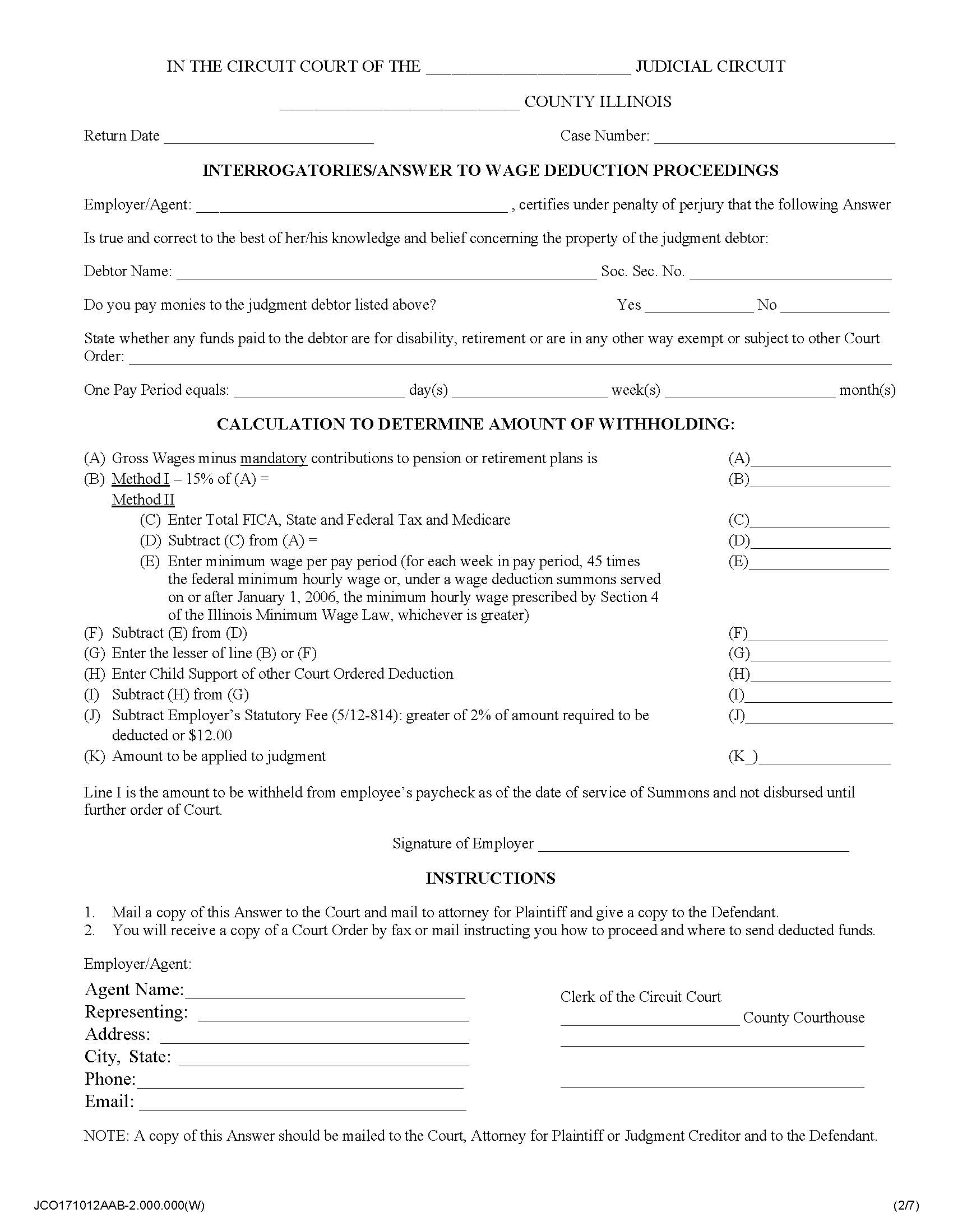 Interrogatories - Answer To Wage Deduction Proceedings | Pdf Fpdf Docx | Illinois