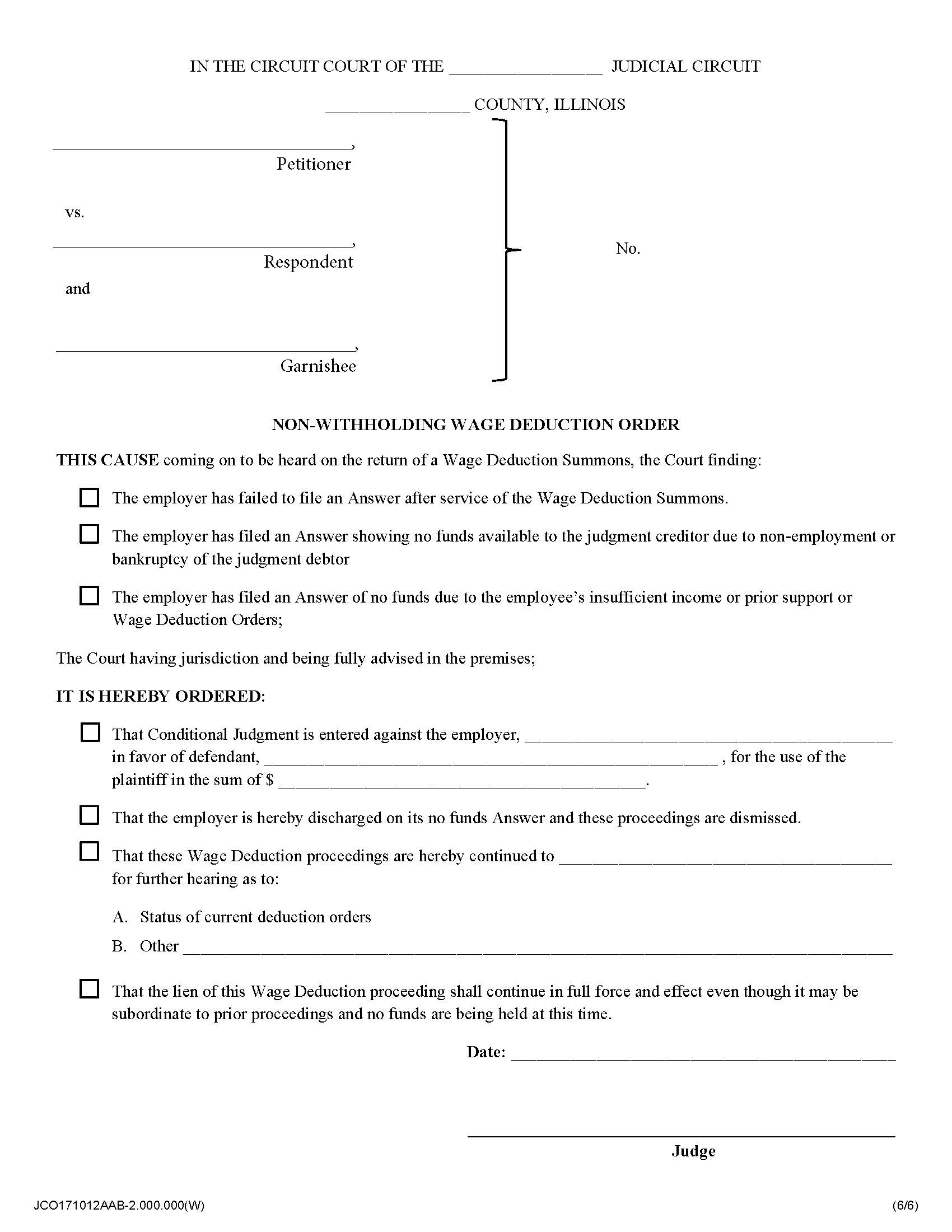 Non-Withholding Wage Deduction Order | Pdf Fpdf Docx | Illinois