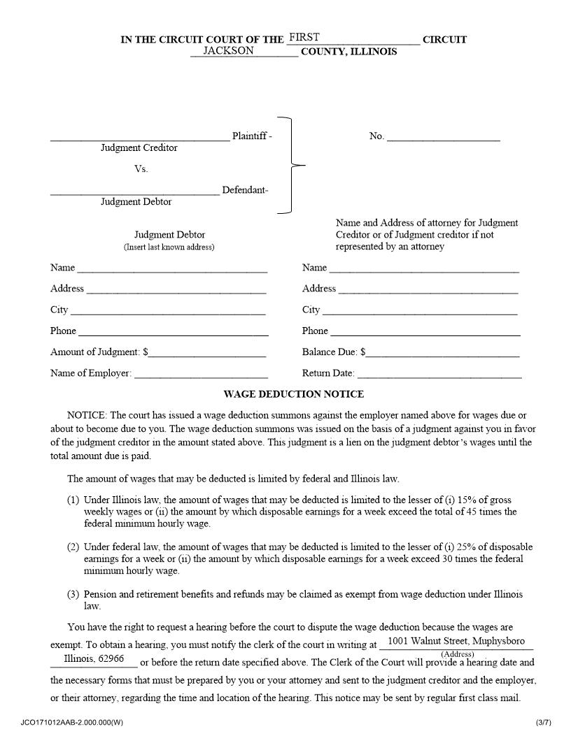 Wage Deduction Notice | Pdf Fpdf Docx | Illinois