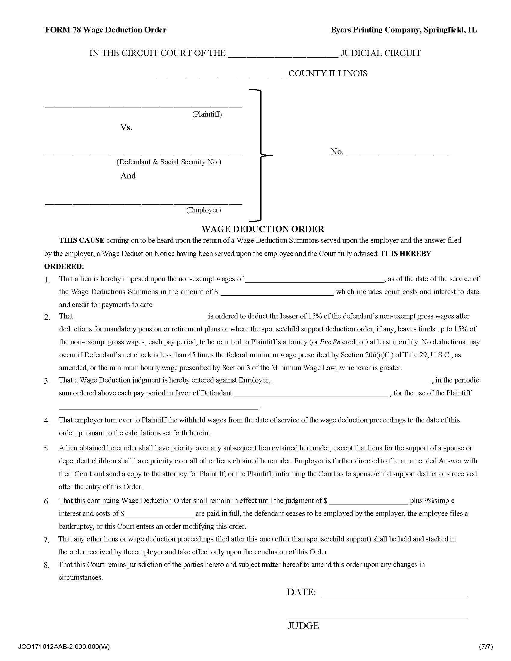 Wage Deduction Order | Pdf Fpdf Docx | Illinois