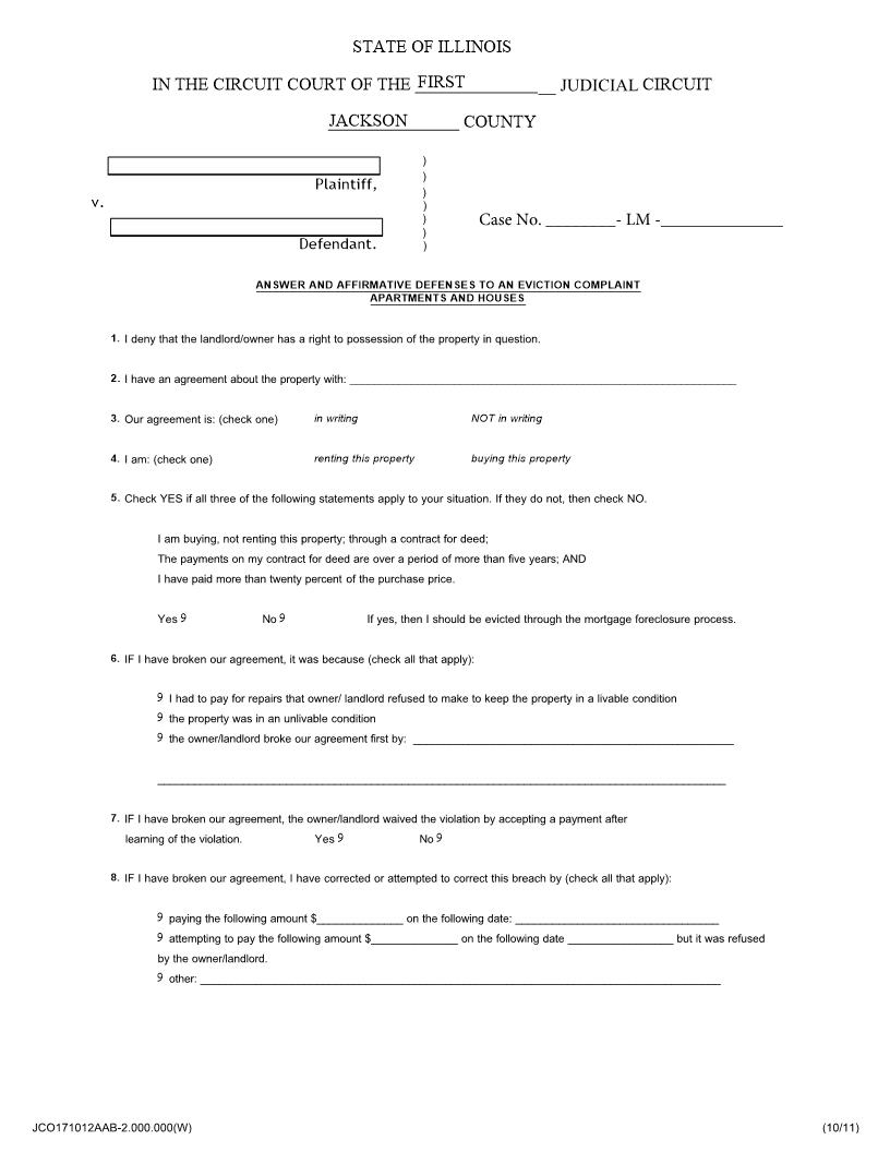 Answer And Affirmative Defenses To An Eviction Complaint - Apartments And Houses | Pdf Fpdf Doc Docx | Illinois