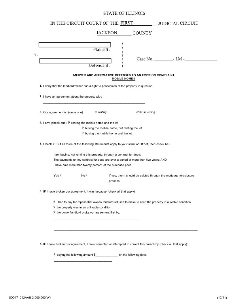 Answer And Affirmative Defenses To An Eviction Complaint - Mobile Homes | Pdf Fpdf Doc Docx | Illinois