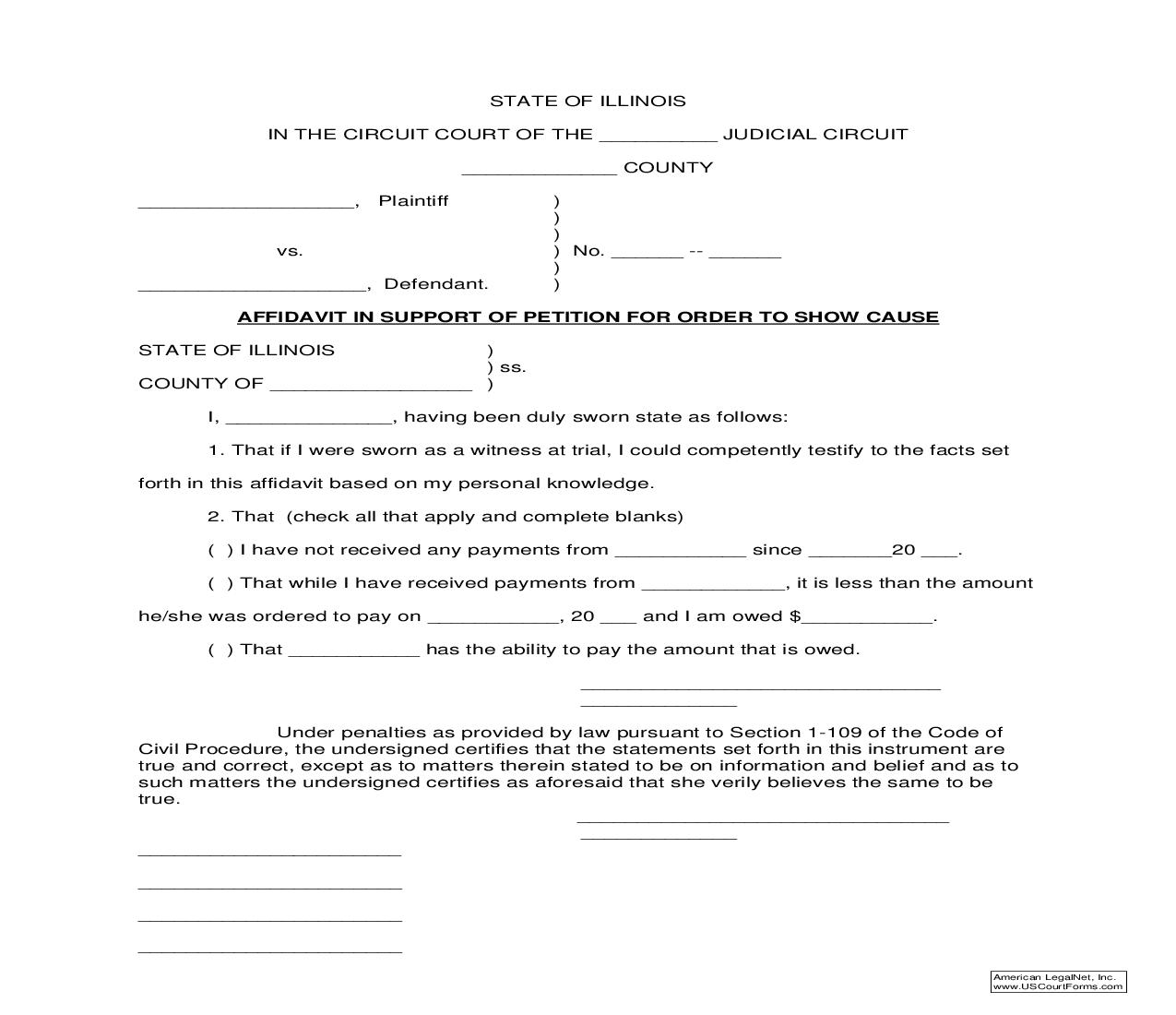 Affidavit In Support Of Petition For Order To Show Cause-Small Claims | Pdf Fpdf Doc Docx | Illinois
