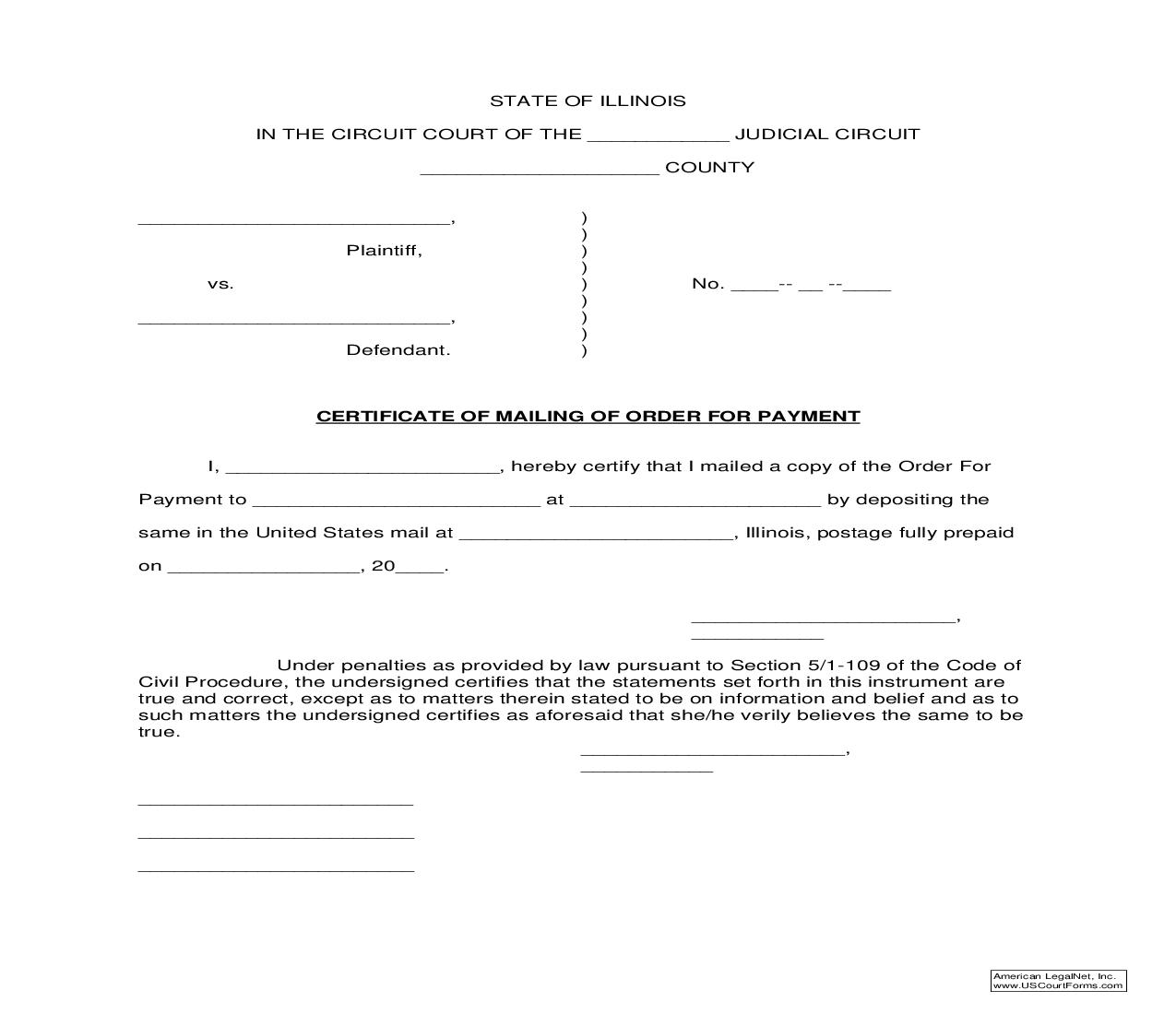 Certificate Of Mailing Of Order For Payment | Pdf Fpdf Doc Docx | Illinois