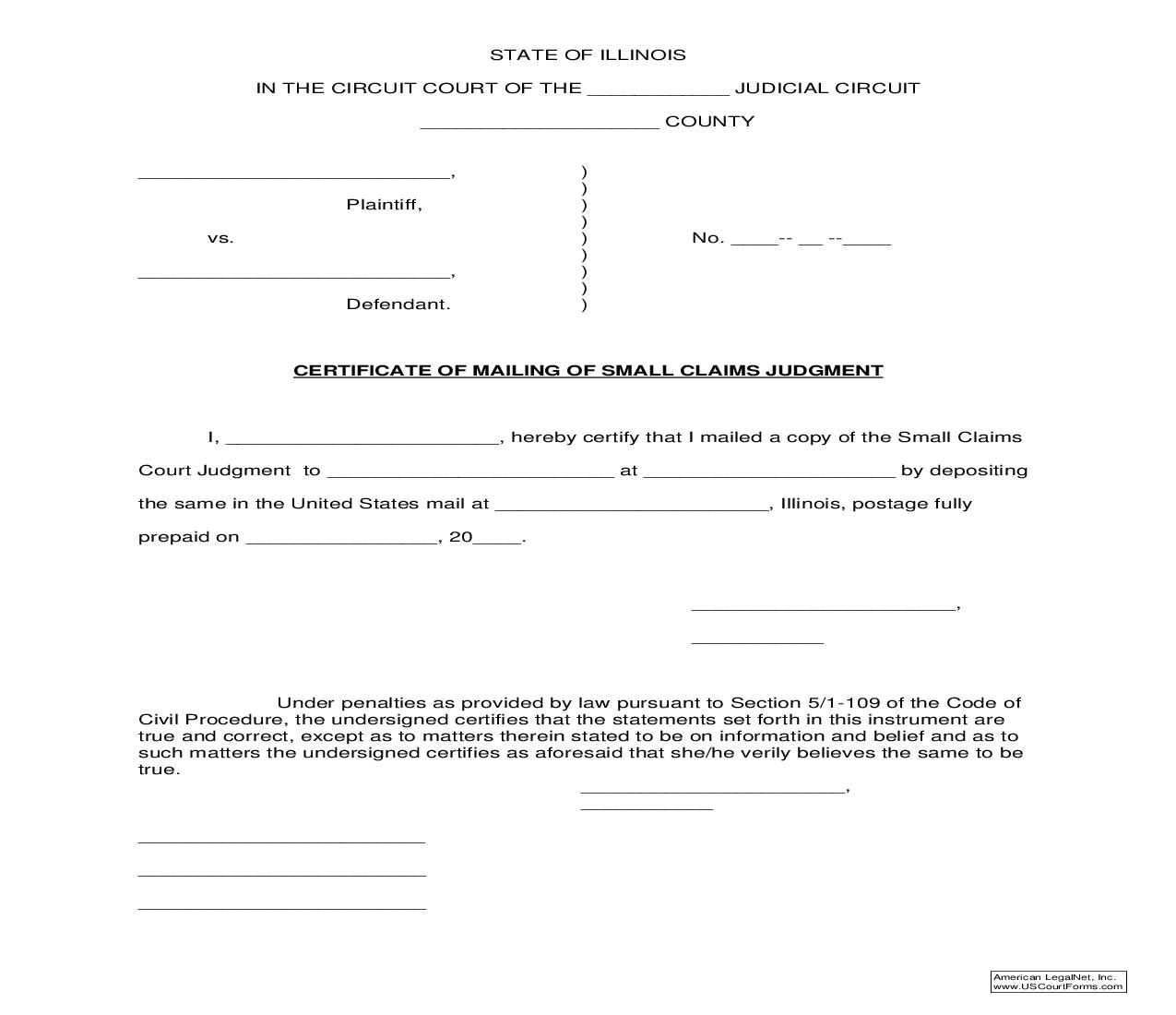Certificate Of Mailing Of Small Claims Judgment | Pdf Fpdf Doc Docx | Illinois