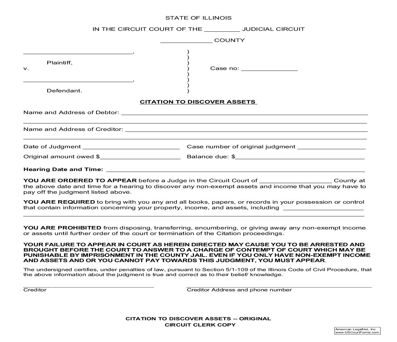 Citation To Discover Assets | Pdf Fpdf Doc Docx | Illinois