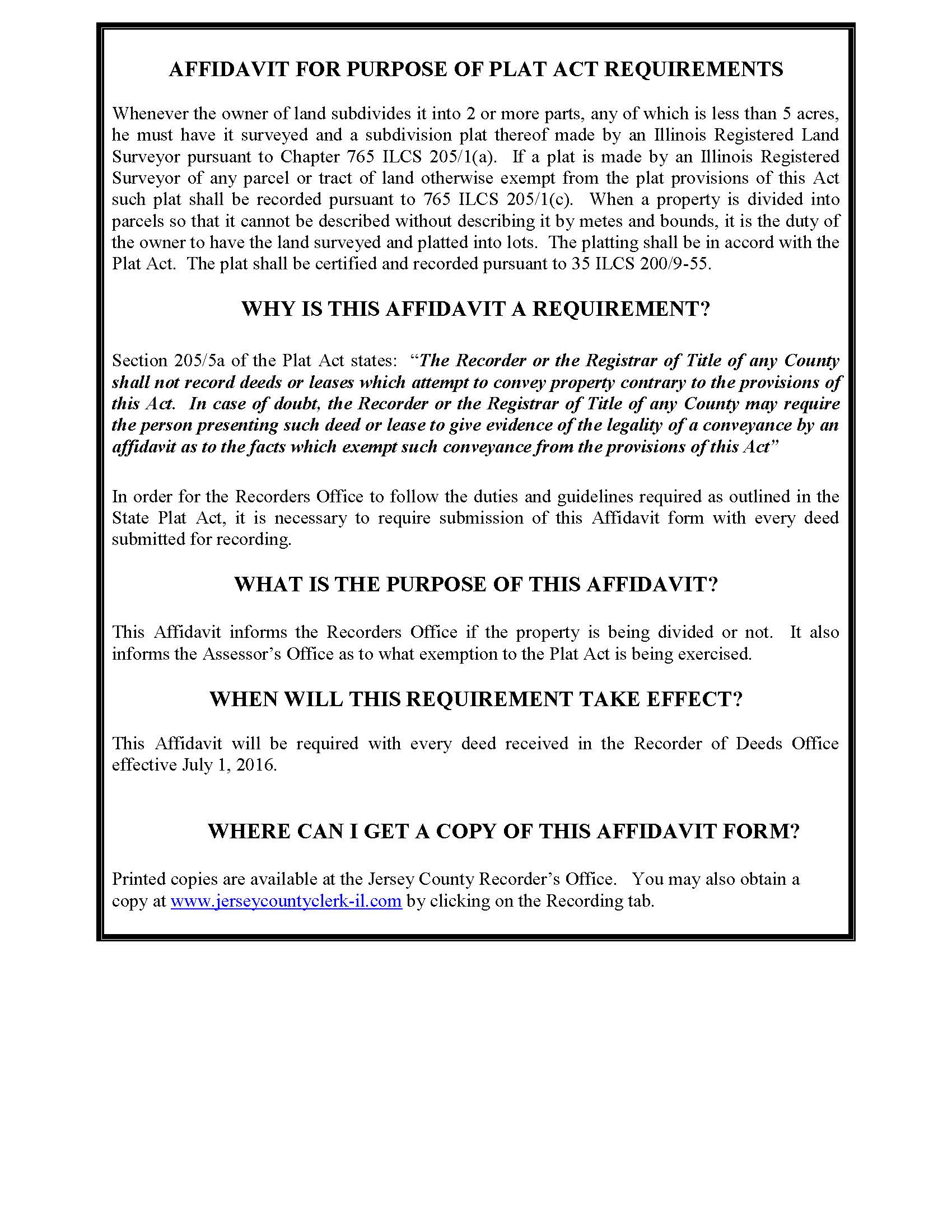 Affidavit For Purpose Of Plat Act Requirements | Pdf Fpdf Docx | Illinois