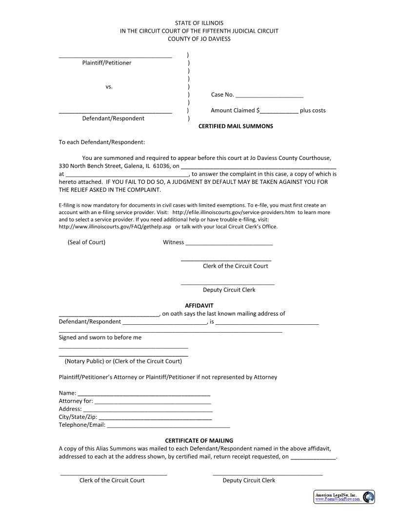 Certified Mail Summons | Pdf Fpdf Docx | Illinois