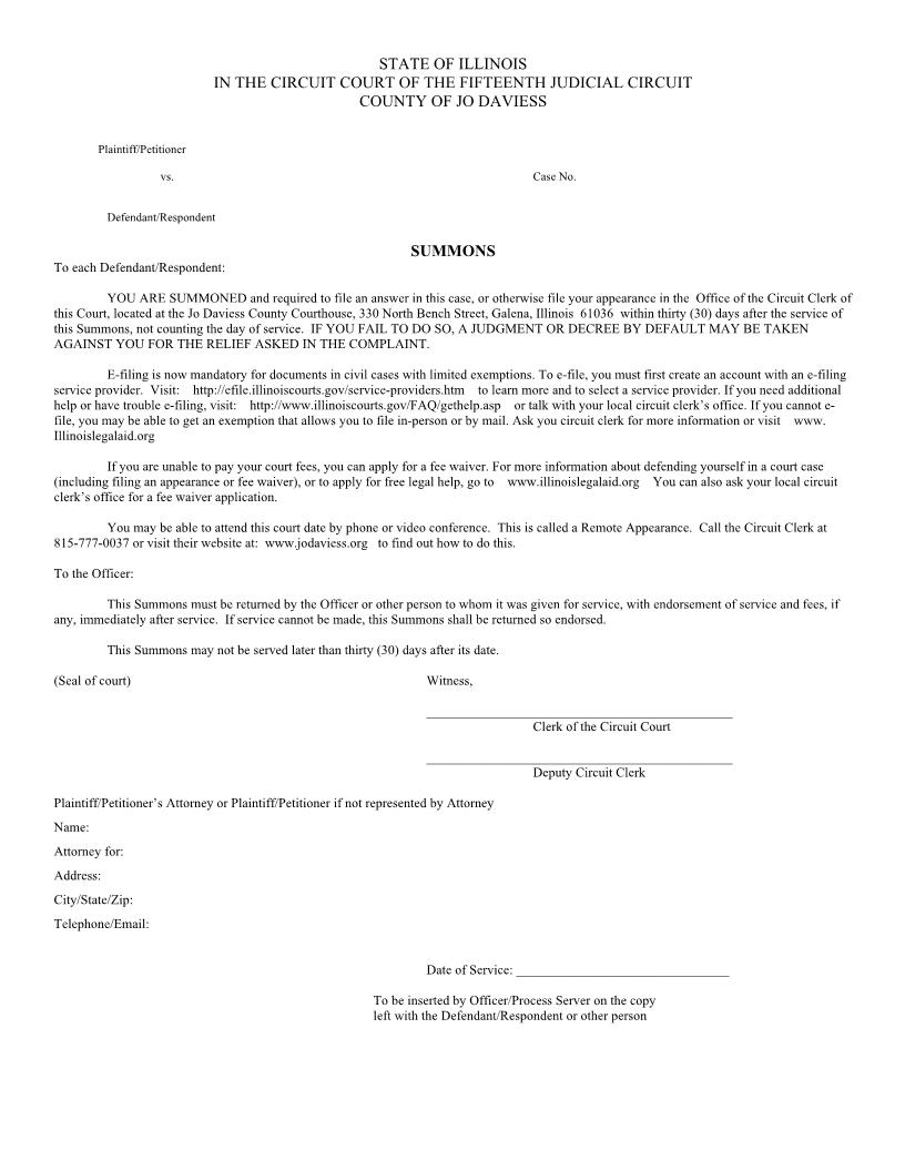 Summons 30 Day | Pdf Fpdf Docx | Illinois
