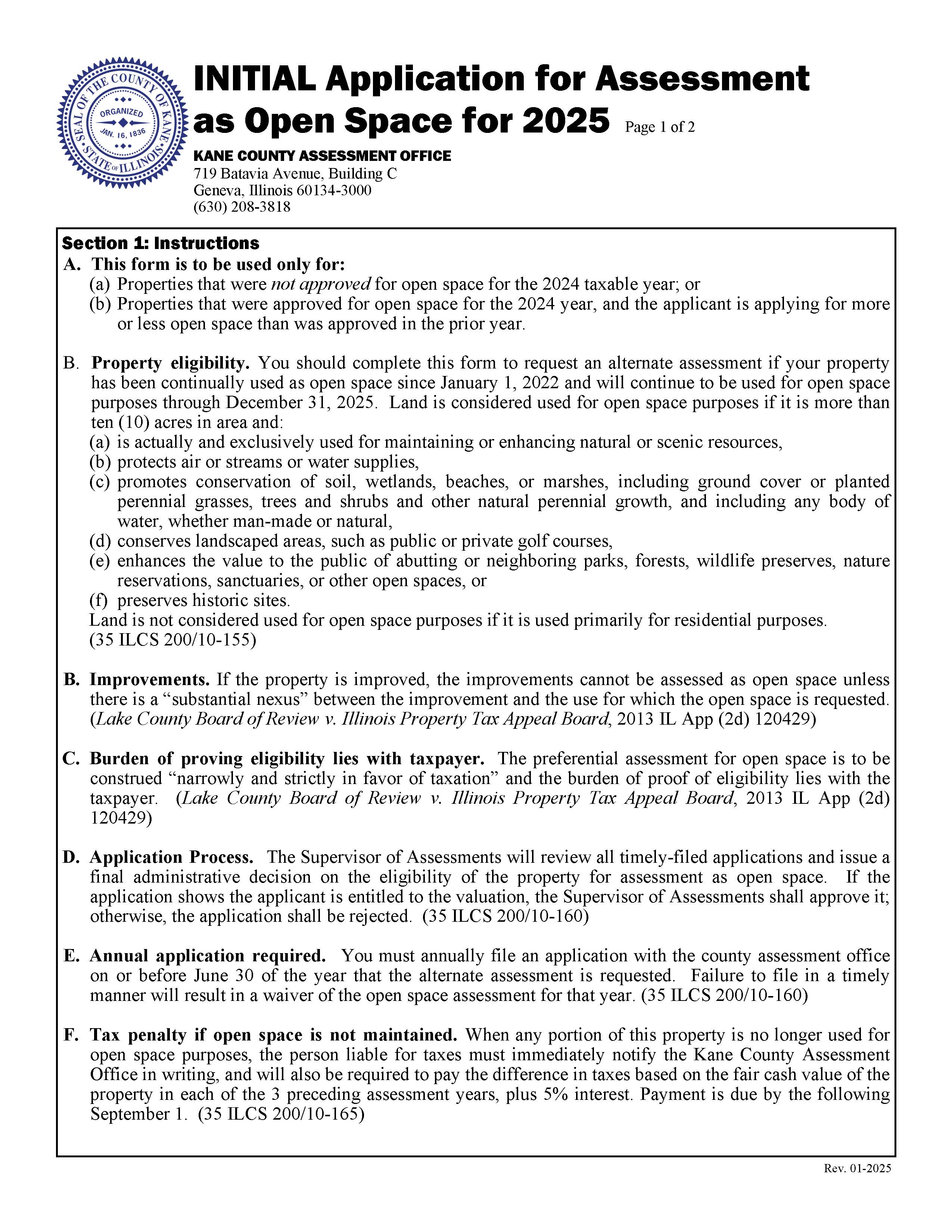 Initial Application For Assessment As Open Space | Pdf Fpdf Doc Docx | Illinois