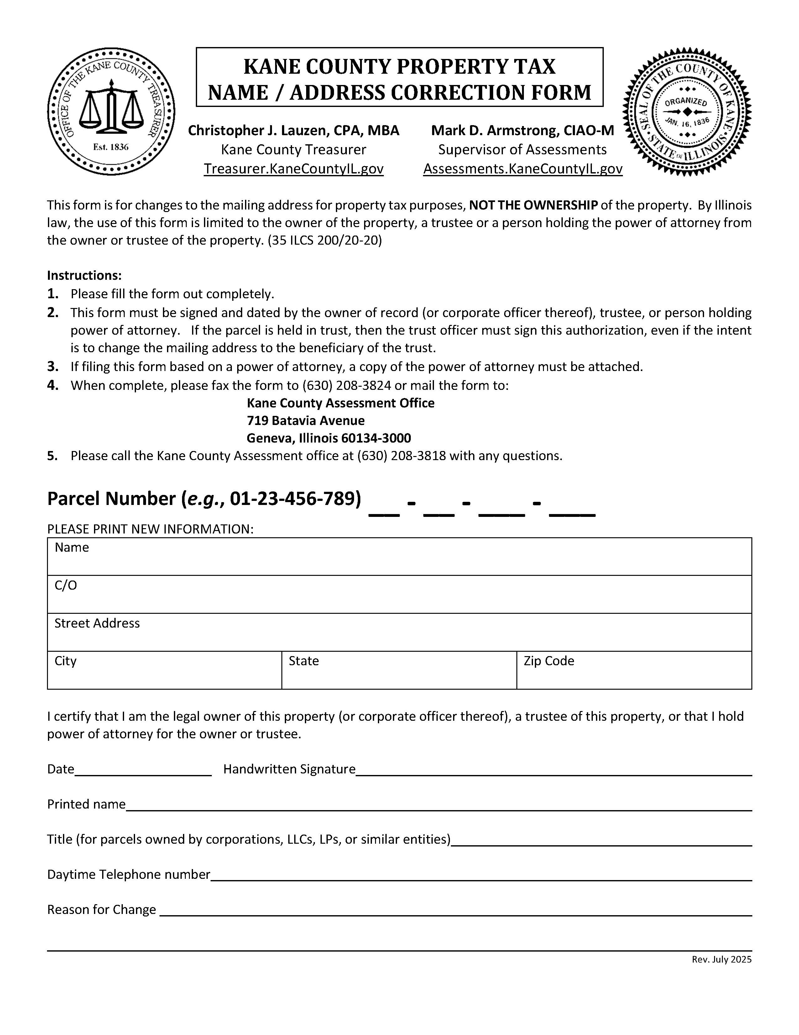 Property Tax Name-Address Correction Form | Pdf Fpdf Docx | Illinois