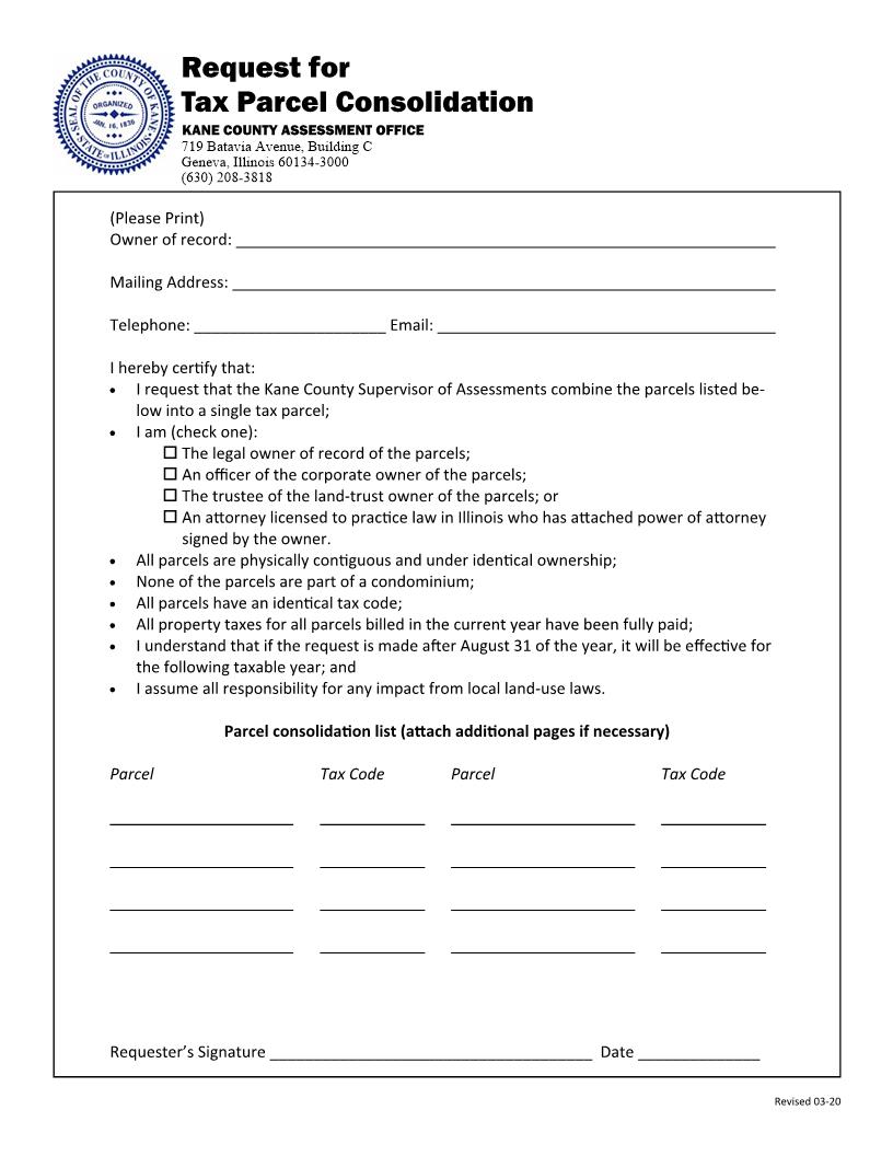 Request For Tax Parcel Consolidation | Pdf Fpdf Docx | Illinois